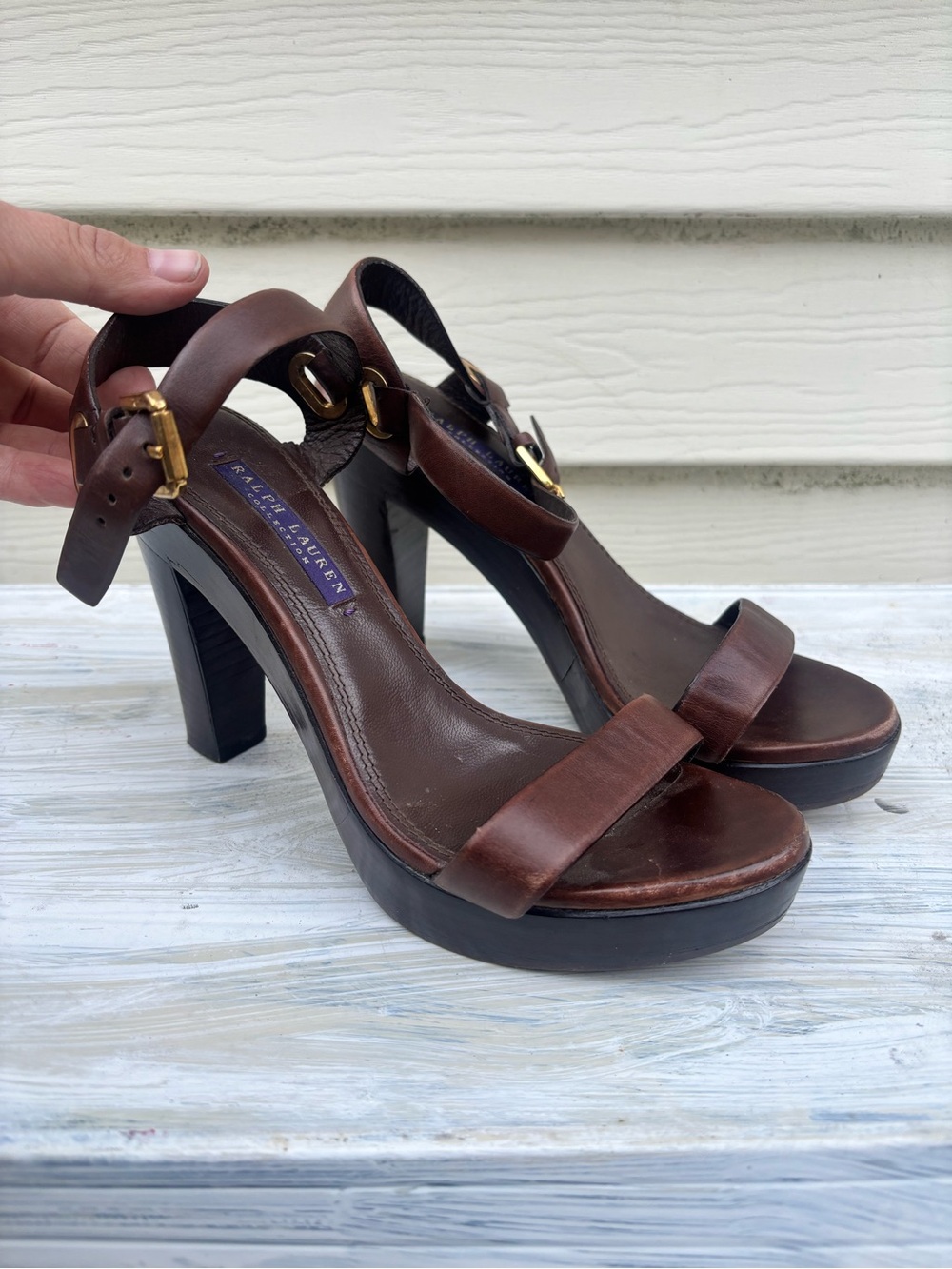Brown Leather Sling Back Sandals, Ralph Lauren Collection